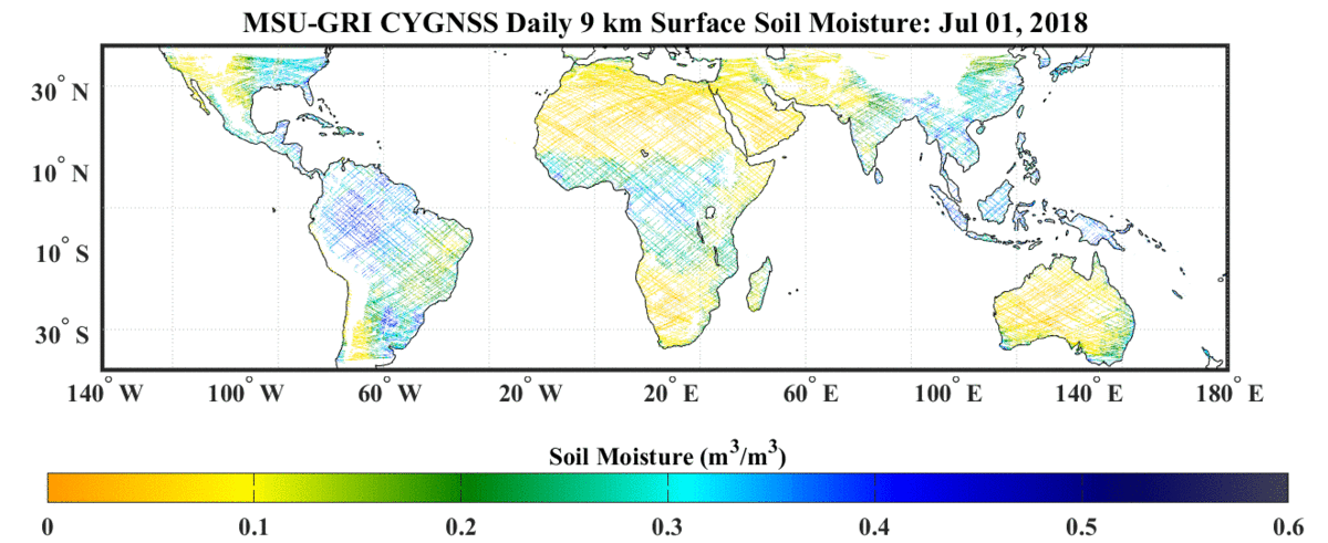 MSU-GRI CYGNSS Daily 9 km Surface Soil Moisture: July 1 - Augest 31, 2018
